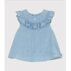BABIES' SLEEVELESS BLOUSE IN EMBROIDERED COTTON CHAMBRAY. Dresses
