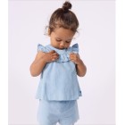 BABIES' SLEEVELESS BLOUSE IN EMBROIDERED COTTON CHAMBRAY. Dresses