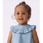 BABIES' SLEEVELESS BLOUSE IN EMBROIDERED COTTON CHAMBRAY. Dresses