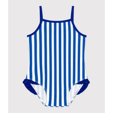 BABIES' ONE-PIECE SWIMSUIT WITH FRILLS AND A STRIPY PRINT.