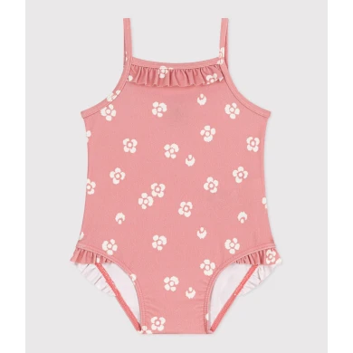 BABIES' ONE-PIECE SWIMSUIT WITH FRILLS AND A FLORAL PRINT.