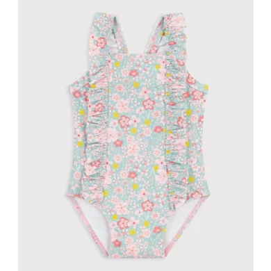 BABIES' ONE-PIECE SWIMSUIT WITH RUFFLES AND A FLOWER PRINT.
